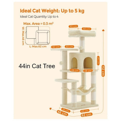 112cm Cat Tree Multi-Level Plush Tower Condo with 4 Scratching Posts, Hammock, Cave & Platforms – Stair-Step Design with Hanging Toys | Easy Assembly Indoor Cat Furniture | Pink White Beige Grey | UK