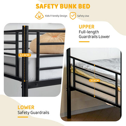 Adult Bunk Bed, Sturdy Twin Over Twin Metal Structure Featuring an Integrated Safety Ladder, Complete Guardrails, Underbed Storage Space, Black Coating