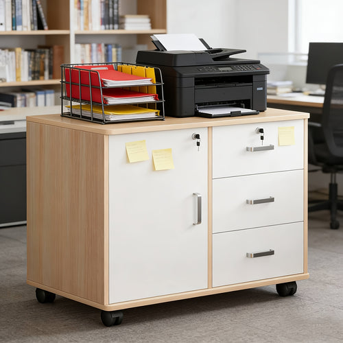Mobile File Cabinet, Bedside Table, Organizer, Table, Book Shelf Study Table Monitor Stand, 3-Drawer Lockable Filing Cabinets for Home & Office, Printer Stand, Storage Cabinet with Drawers 1 Door 4 Wheels, Office Storage Rolling Office Cabinet