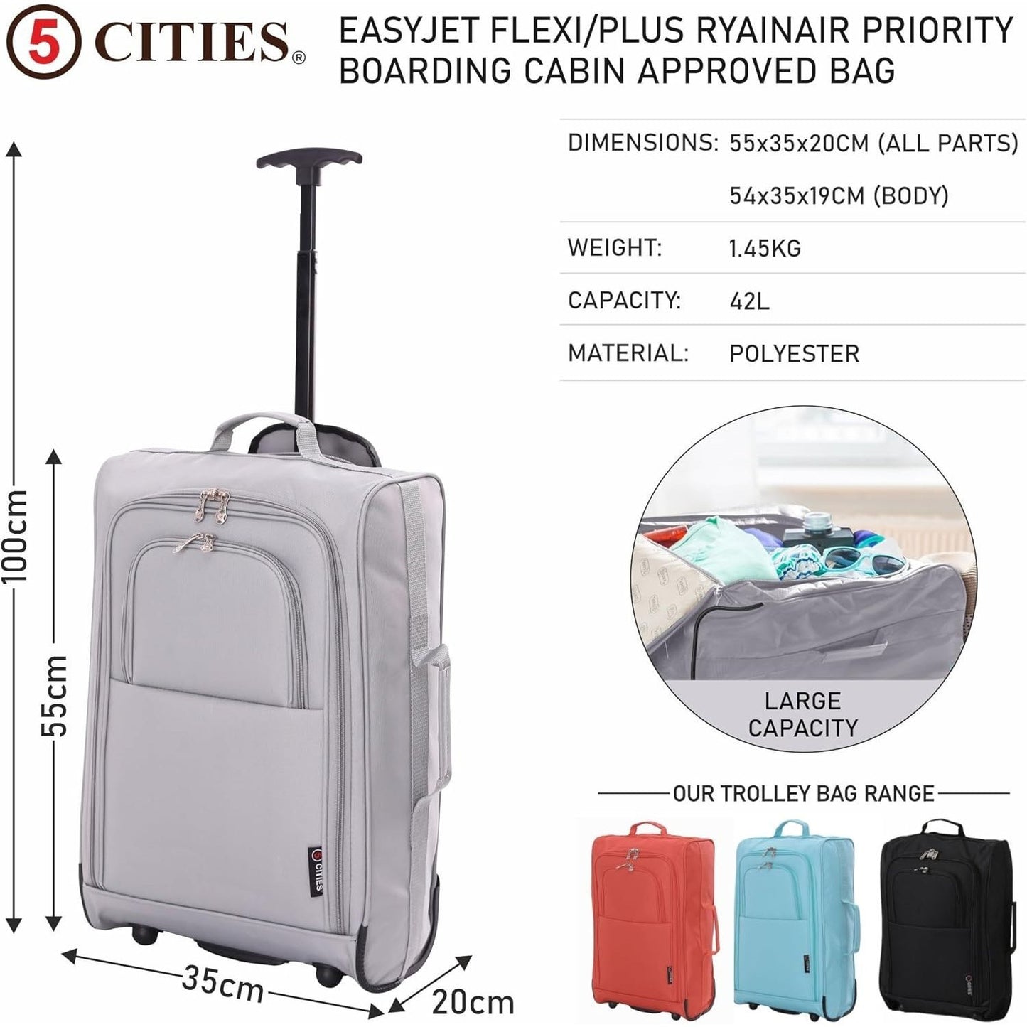 5 Cities 21” / 55cm Lightweight Carry On Travel Cabin Trolley Bag with Wheels, Cabin Approved Hand Luggage, 2 Year Warranty – Black