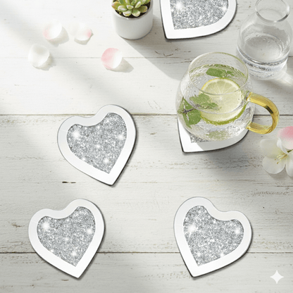 Serena's® Set of 4 Crystal Coasters – 10cm Glass Mirrored Drink Coasters with Glitter Crushed Diamond Design – Elegant Coasters for Home, Kitchen, Bar, or Table Decoration