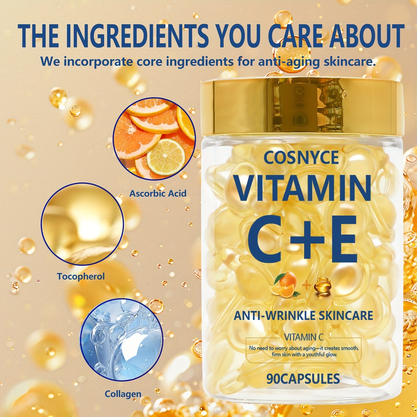 COSNYCE Vitamin C+E Skincare Essence Capsules 90pcs with Vitamin C, Vitamin E, Collagen Moisturizer, Lifts Facial Drops, Nutrient Boost, Smooth & Hydrated, Light Care, Daily Skincare Routine | Travel-Friendly Skincare | Dropper Applicator