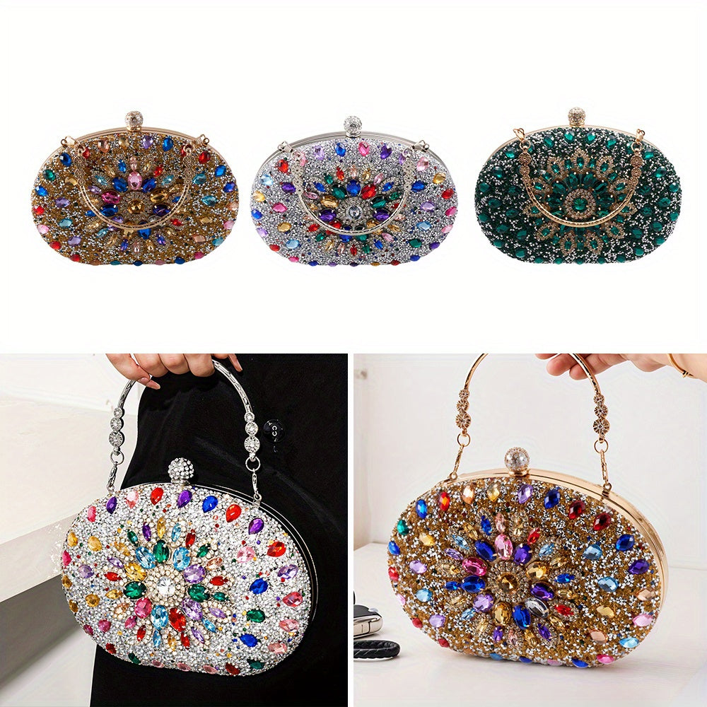 Women Evening Bag Multicolor Clutch Bag Luxury Crystal Handbag Bridal Wedding Purse Glitter Shoulder Bag with Detachable Chain Banquet Party Prom Crossbody Bag Gold-Multicolour, Green/ Gold/ Silver