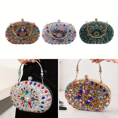 Women Evening Bag Multicolor Clutch Bag Luxury Crystal Handbag Bridal Wedding Purse Glitter Shoulder Bag with Detachable Chain Banquet Party Prom Crossbody Bag Gold-Multicolour, Green/ Gold/ Silver