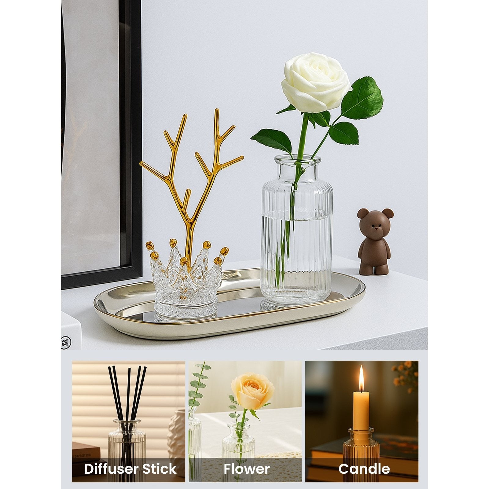 clear glass bud vase set — use example 8