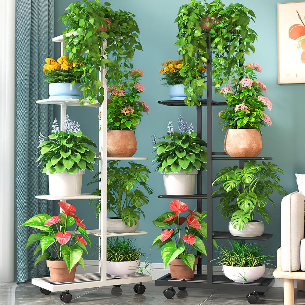 6-Tier Metal Flower Stand Multipurpose Tiered Shelf Indoor & Outdoor Use Space-Saving Gift Display, Durable Multi-Purpose Storage Rack with Sliding Wheels- for Living Room, Plant Room, Garden, Balcony, Entrance