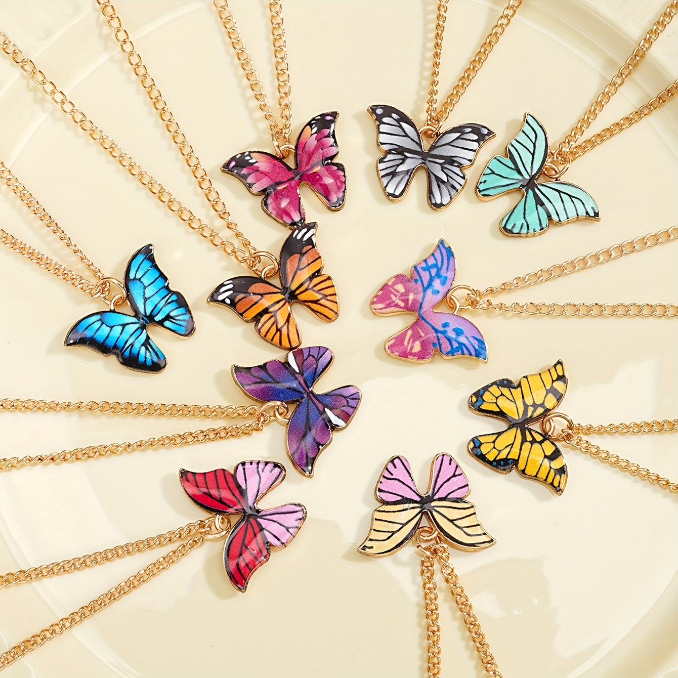 10pcs Set of Fashionable, Elegant, and Minimalist Colorful Butterfly Y2K Pendant Necklaces, Unisex Design Suitable for Vacation, Parties, Dates, Gifts, Daily Versatility, Includes a Greeting Card with Festive Wishes