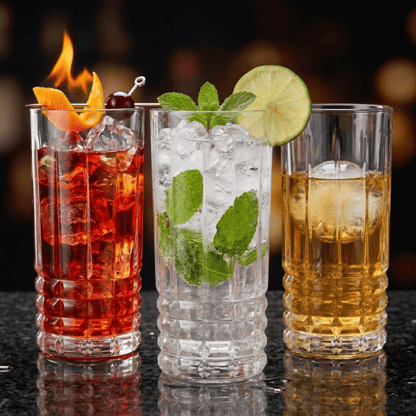 Set of 6 Diamond Pattern Highball Glasses - 280ml (11.8oz) Crystal Clear Drinking Glasses, Elegant Geometric Glassware for Cocktails, Water & Juice, Vintage Style Barware Set