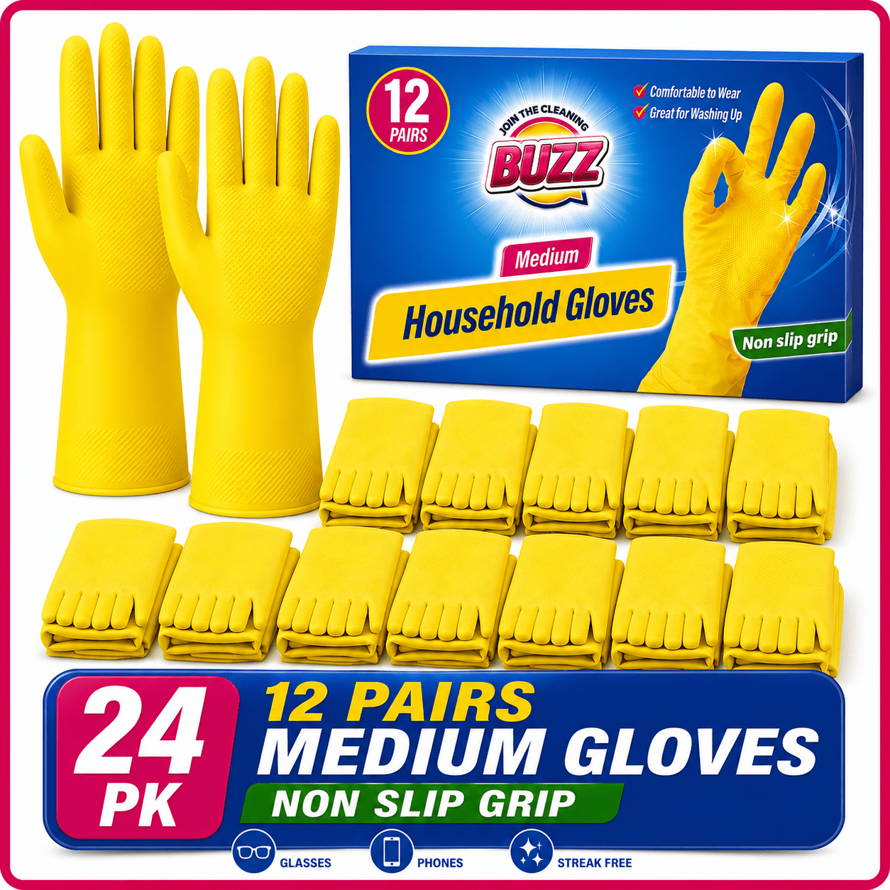 12 Pairs Medium Household Gloves | Yellow Durable Rubber Gloves for Cleaning | Waterproof Latex Washing Up Gloves with Non-Slip Grip | Comfortable Flock-Lined Gloves for Kitchen & Bathroom Use