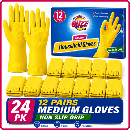 12 Pairs Medium Household Gloves | Yellow Durable Rubber Gloves for Cleaning | Waterproof Latex Washing Up Gloves with Non-Slip Grip | Comfortable Flock-Lined Gloves for Kitchen & Bathroom Use