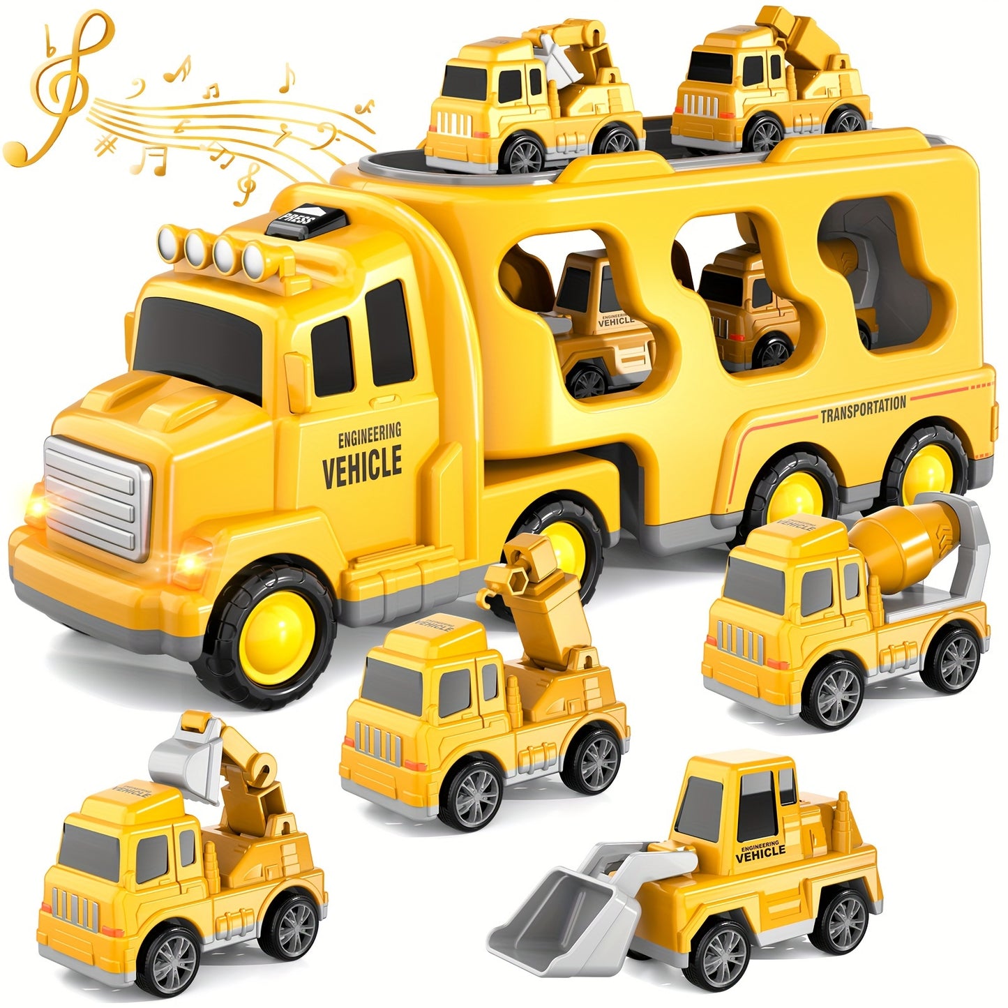Construction Truck Toys for 3 4 5 Boys, 5-In-1 Kids Carrier Construction Trucks Cars for Boy Toys Birthday, Car Trucks Friction Power Toys with Light And Sound