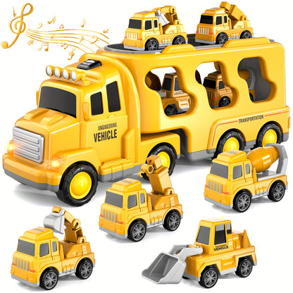 Construction Truck Toys for 3 4 5 Boys, 5-In-1 Kids Carrier Construction Trucks Cars for Boy Toys Birthday, Car Trucks Friction Power Toys with Light And Sound