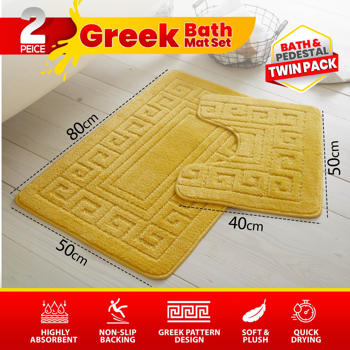 GC GAVENO CAVAILIA 2 Piece Greek Pattern Bathroom Mat Set | Soft & Plush 100% Polyester Bath Mat and Pedestal Rug | Non-Slip Backing, Highly Absorbent, Quick Drying |Machine Washable Bathroom Rugs | Ideal for Everyday Use | LOCAL WAREHOUSE | UK BRAND