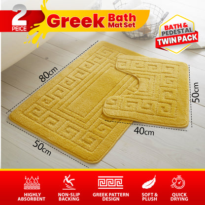 GC GAVENO CAVAILIA 2 Piece Greek Pattern Bathroom Mat Set | Soft & Plush 100% Polyester Bath Mat and Pedestal Rug | Non-Slip Backing, Highly Absorbent, Quick Drying |Machine Washable Bathroom Rugs | Ideal for Everyday Use | LOCAL WAREHOUSE | UK BRAND