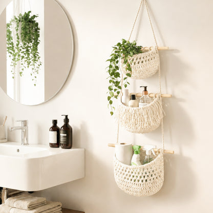 Boho Chic 3-Tier Wall Hanging Storage Basket - Handwoven Rope Organizer for Fruits, Vegetables & More - Easy Install, Versatile Home Decor, Storage Basket