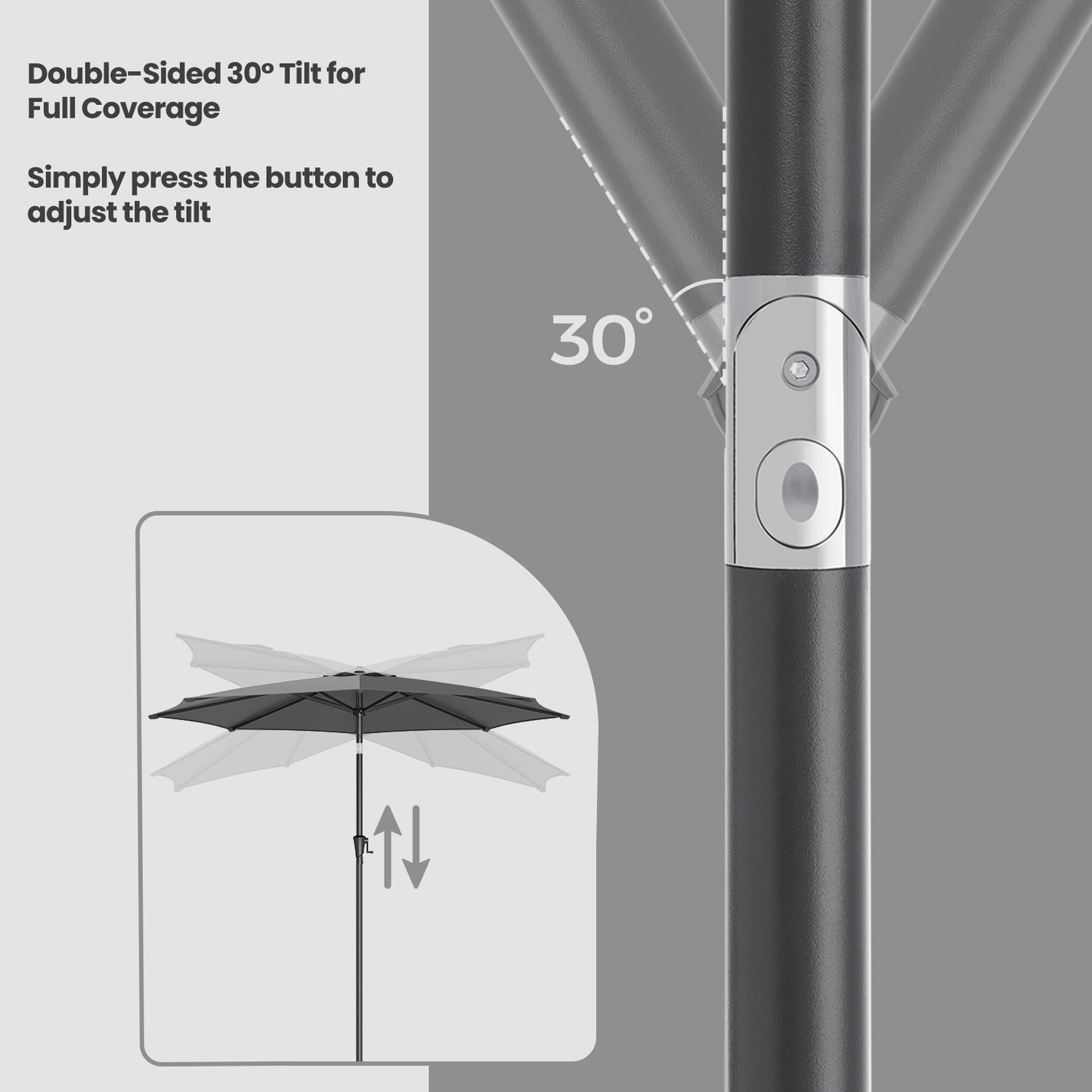 3 m Garden Parasol Umbrella, UPF 50+, Sun Shade, 30° Tilt in 2 Directions, 180 g/m²，Crank Handle for Opening and Closing, for Outdoor Gardens Pool Balcony Patio, Base Not Included, Beige,Grey