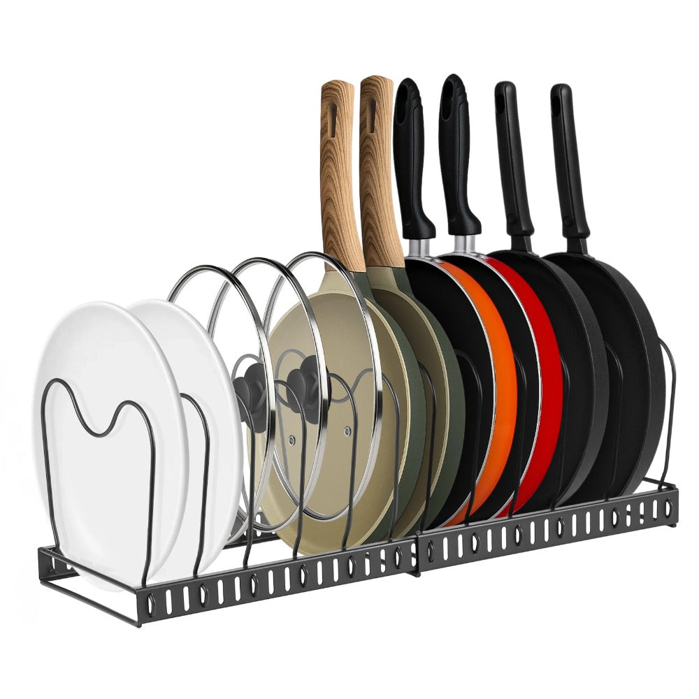 1 Set Pot and Pan Organizer Rack with 10 Adjustable Dividers – Expandable Kitchen Cabinet Storage for Lids, Dishes, Cookware – Bakeware Rack for RV & Home