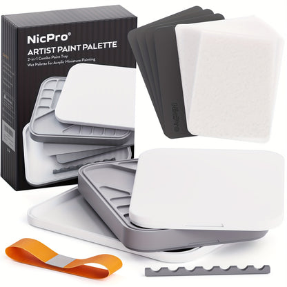 Stay Wet Palette for Painting Miniature, Acrylic Paint Palette Tray with Lid, 100pcs Wet Pallet Paper, 4pcs Sponge, Brush Holder Paint Mixing Saver Palette for Model Paint