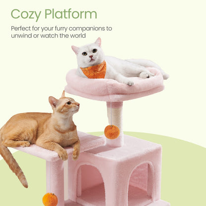 112cm Cat Tree Multi-Level Plush Tower Condo with 4 Scratching Posts, Hammock, Cave & Platforms – Stair-Step Design with Hanging Toys | Easy Assembly Indoor Cat Furniture | Pink White Beige Grey | UK