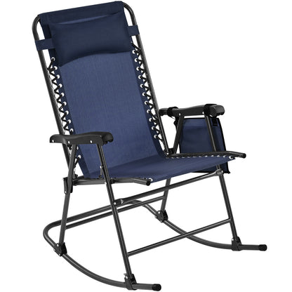 Costoffs Patio Chair Foldable Rocking Chair, Outdoor Lounge Chair with Headrest Pillow for Outdoor Use Only, Napping or Sunbathing, Black/Beige/Navy Blue Outdoor Use Only