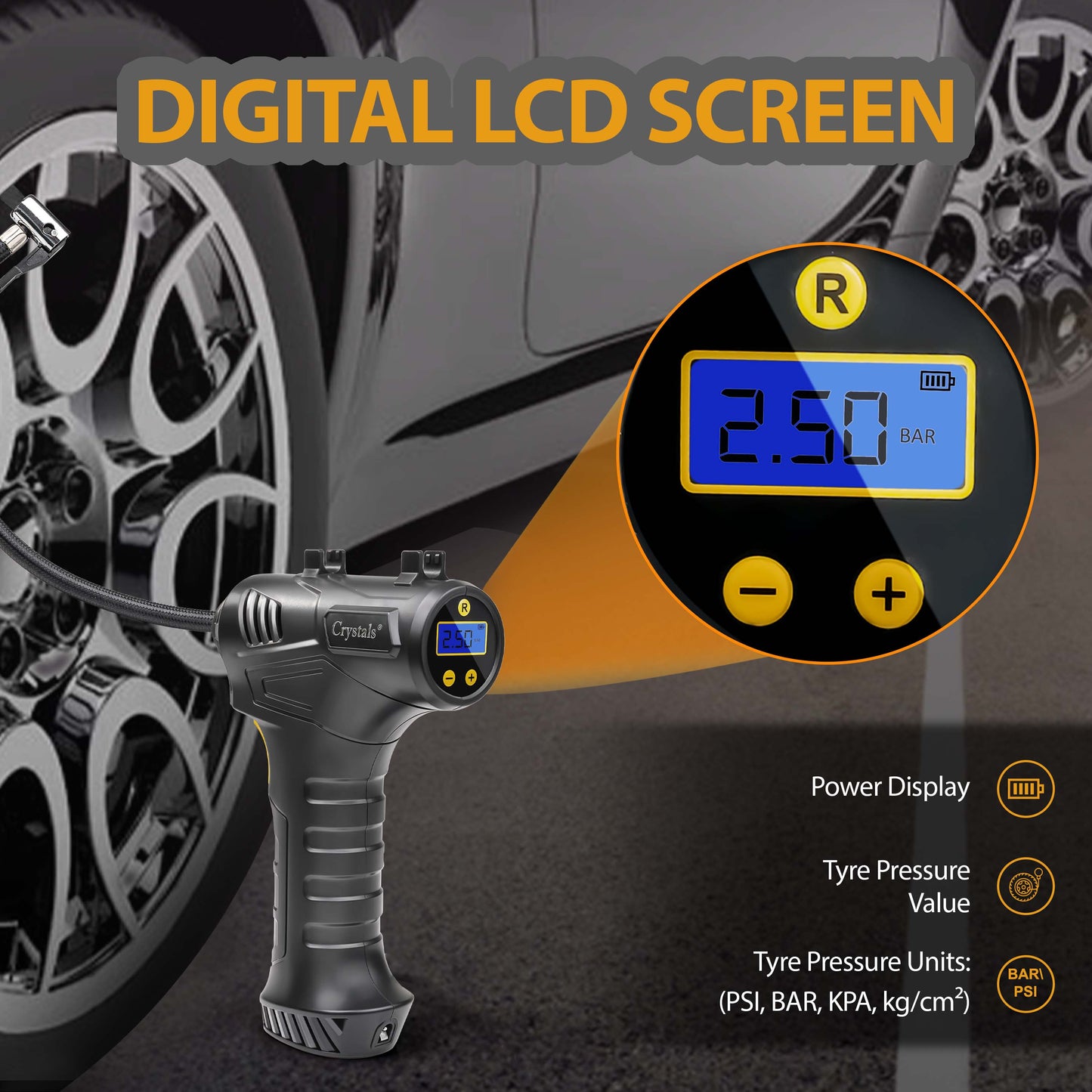 Cordless Digital Tyre Inflator USB Rechargeable 150PSI Auto Shut-Off with LCD Display & LED Light – Portable Air Compressor with 3 Nozzle Adaptors for Car, Motorcycle, Bicycle & Inflatables
