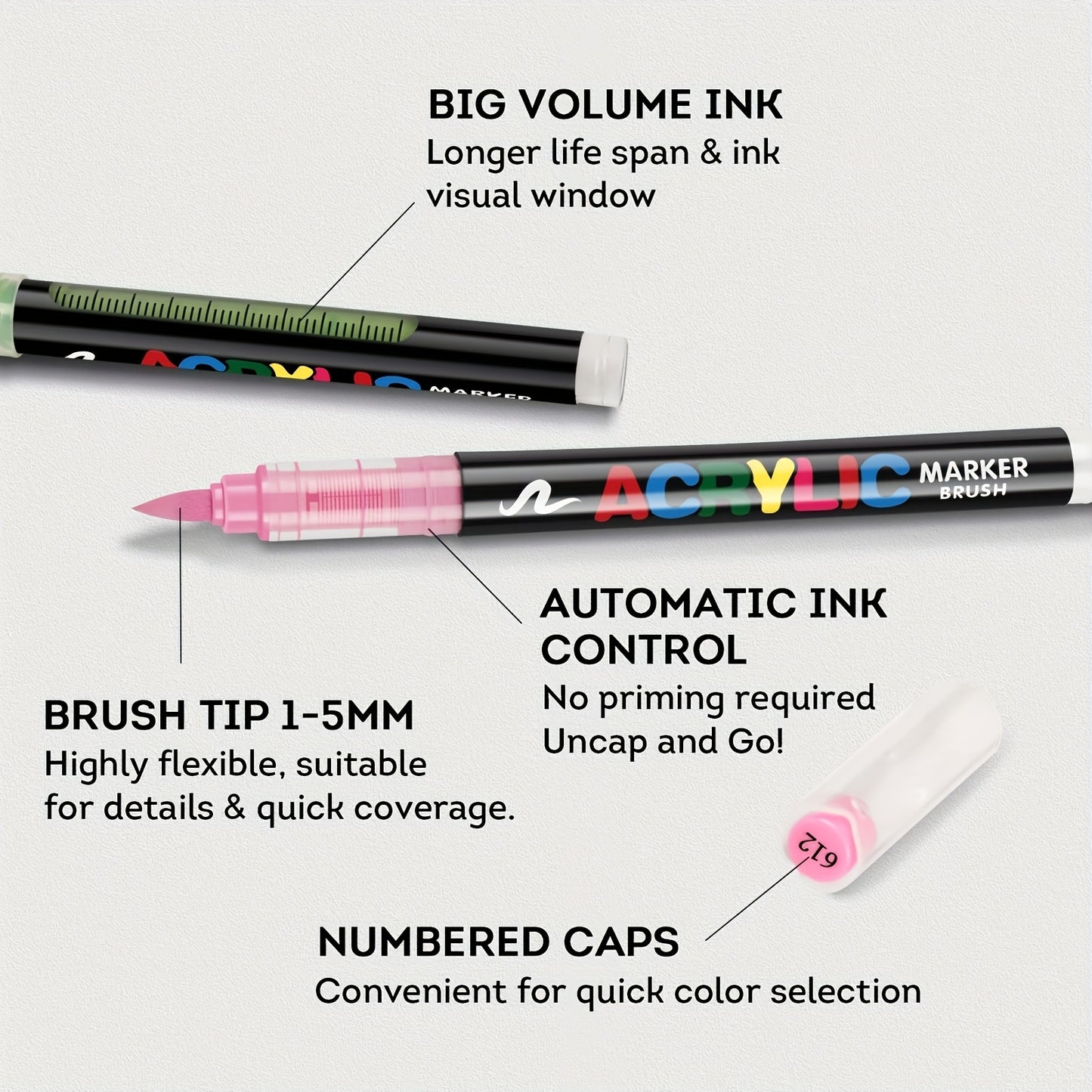 Acrylic Brush Markers Set | 24, 36 & 48 Colours | Fast-Drying Fade-Resistant Paint Pens for Canvas, Rock Painting, Wood & Card Making | Ergonomic Triangular Barrel Art Markers