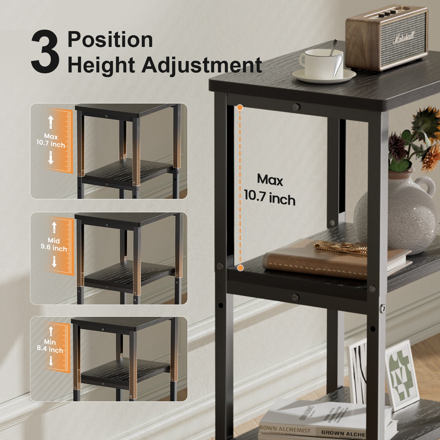 Bookshelf, Sofa Side Table Living Room, Industrial End Table With 3-Tier Storage Shelves, Bedside Tables With Height Adjustable, Steel Frame, Nightstand 37 x 30 x 59.4/62.4/65.4 cm, 4 Colors
