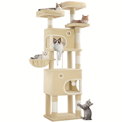 [Multi-Level Cat Tree] HZUANERI 180cm Multi-Level Cat Tree | 8 Scratching Posts, 3 Platforms, 2 Dens, Basket & Plush Balls - Durable Sisal Rope for Indoor Cats of All Sizes, Space-Saving Design for Climbing, Resting & Play, Cat Climbing Tower, Pet Activit