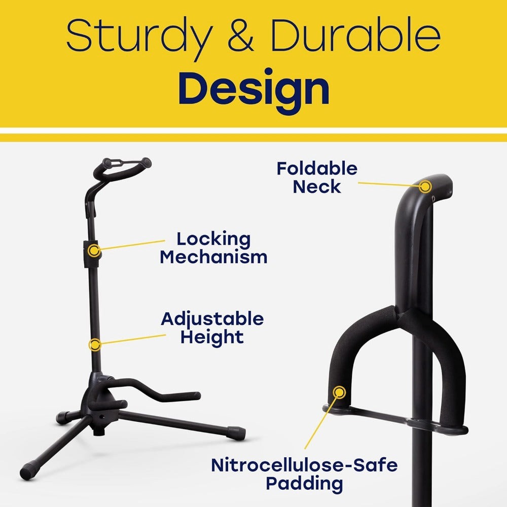 Tripod Guitar Stand Height Adjustable & Collapsible – Universal Floor Stand with Padded Neck Yoke for Acoustic, Electric & Bass Guitars – Lightweight & Portable | ShopVora UK