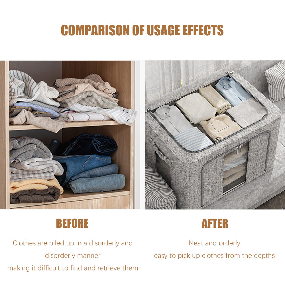 66L Foldable Storage Box with Clear Windows - Extra Thick Cotton Linen Fabric Organizer Bins | Space-Saving Stackable Design for Clothes, Blankets & Bedding Storage (Zipper Closure, Wardrobe Essential)