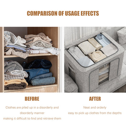 66L Foldable Storage Box with Clear Windows - Extra Thick Cotton Linen Fabric Organizer Bins | Space-Saving Stackable Design for Clothes, Blankets & Bedding Storage (Zipper Closure, Wardrobe Essential)