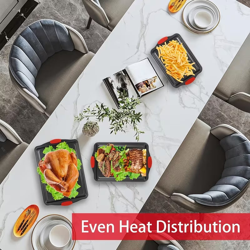 3pcs Heavy-Duty Carbon Steel Non Stick Baking Tray Set - Commercial Grade Oven Biscuit Baking Tray with Red Silicone Texture Anti Slip Layer, No Sharp Edges, Suitable for Home And Professional Kitchens, Ovens, Grills, Compatible with Various Baking Scenar