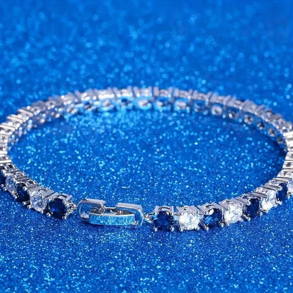 925 Sterling Silvery Fashion Elegant Blue Super Flash Zirconia Tennis Bracelet, Round Cut 5A Zirconia Tennis Bracelet, Suitable for Valentine'S Day, Wedding Anniversary, Christmas, Various Festivals, Special Occasions, Boutique Gift Box