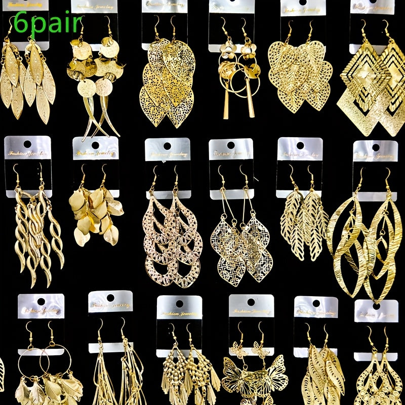 [Women's Jewelry Set] 6/12 Pairs/Bag Women's Jewelry Set - Retro Fashion Elegant Hollow Out Multi-Layer Pendant Earrings - Butterfly Leaf Geometric Shape Exaggerated Bold Design - Suitable for Parties And Casual Parties Gifts - Mixed Layered Hanging Women