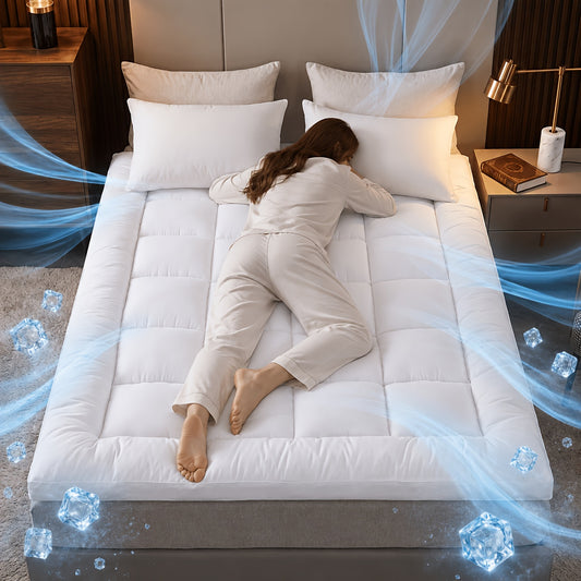 1pc Hotel Quality Summer Cooling Mattress Topper 10cm/4-Inch Deep Plush Mattress Pad, Soft Bed Topper, Breathable Bedding for Hot Sleepers with 4 Elastic Straps for Secure Fit, Single Double King Super All Sizes, White