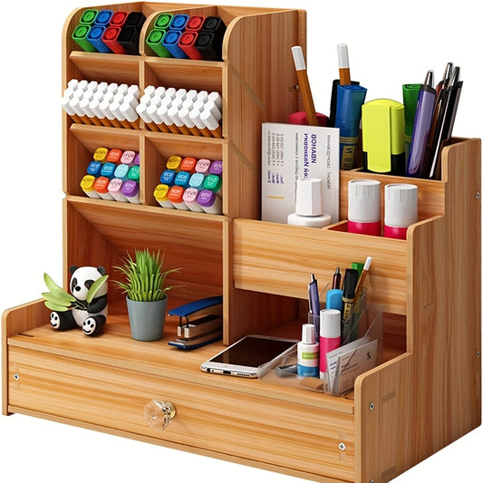 1pc Desktop Storage Rack, Desk And Drawer Organizer for Home Storage Bamboo Wooden Desk Organizer with Drawer - Multi-Functional Pen Holder, Easy Assembly, Ideal for Home Office And Art Supplies Storage, Desk & Drawer Organizer for Home Storage
