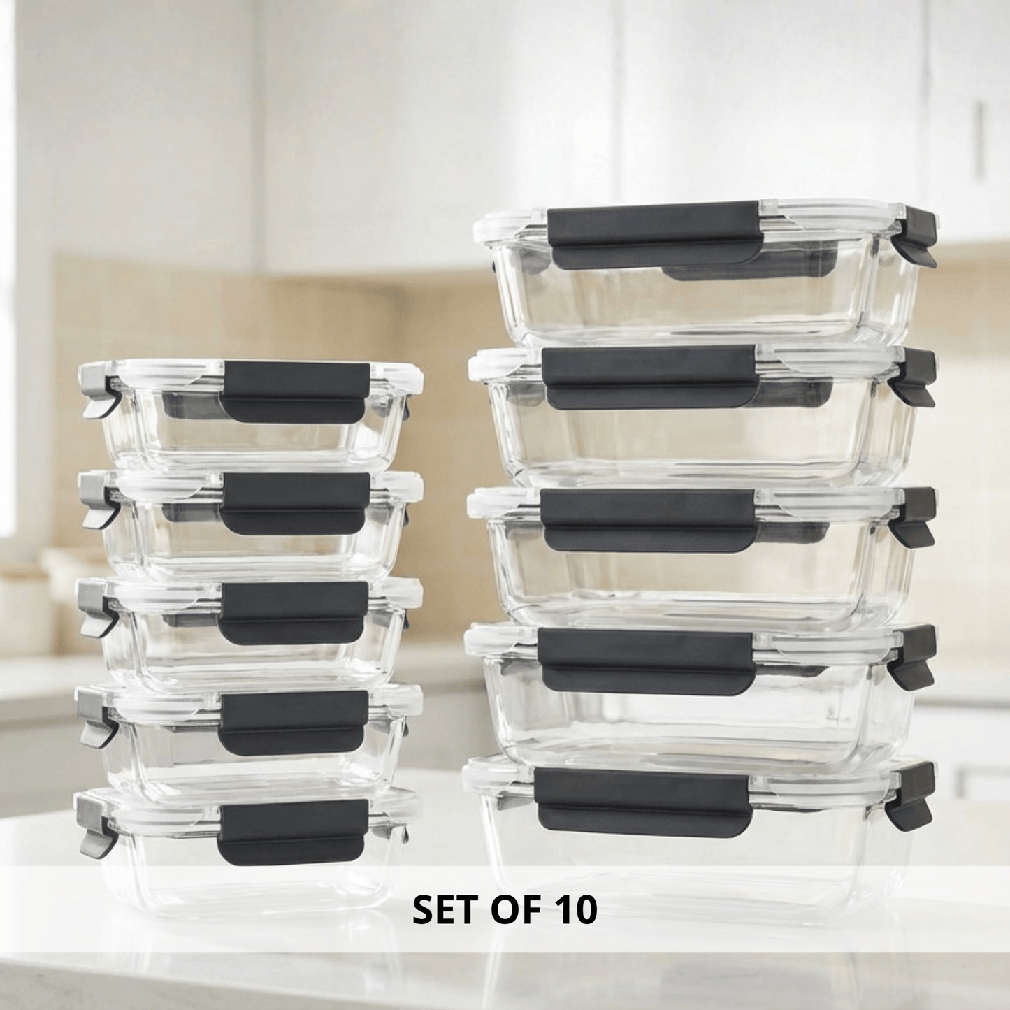 10-Pack Glass Meal Prep Containers with Airtight Lids – Leakproof Food Storage Set (5×1050ml + 5×370ml) – Oven, Microwave, Freezer & Dishwasher Safe