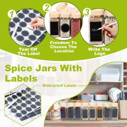 Square Glass Spice Jars 120ml Airtight Set of 12 or 24 with 3 Lid Types Black Labels Marker Pen Funnel & Brush Seasoning Storage