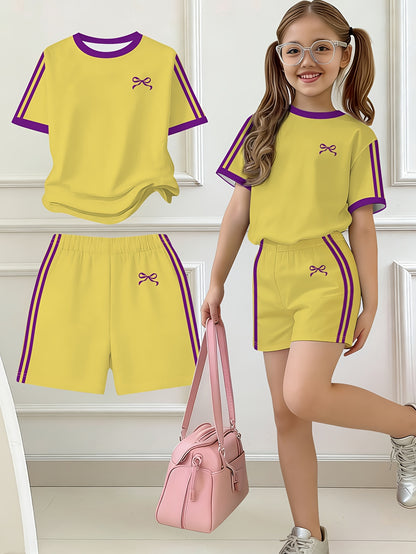 2pcs Set, Easy Bow Print Short Sleeve T-Shirt And Shorts Set, Star Style, Suitable for Spring And Summer, Back-To-School Outfit, Y2K Fashion, Campus Activities, Comfortable Casual, Fashionable And Playful, Hippie Style, Retro Sweet American Style