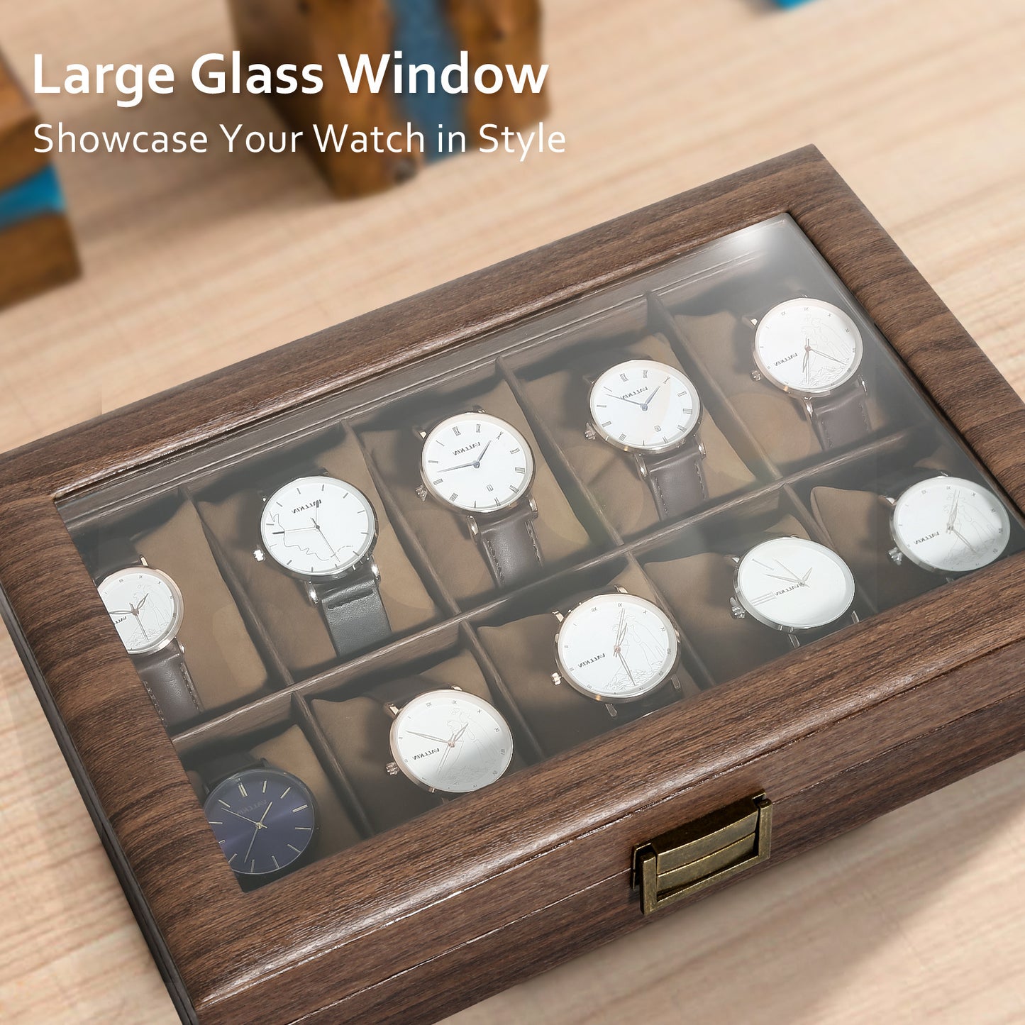 Uten Watch Box 10 Slots, Watch Case with Glass Lid, Watch Display Storage Box for Men and Women, Removable Watch Pillows, PU leather