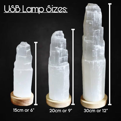Selenite Crystal USB LED Lamp with Wooden Base Handmade White Crystal Tower white Light lamp for Home Decoration, Meditation, Yoga & Gifting