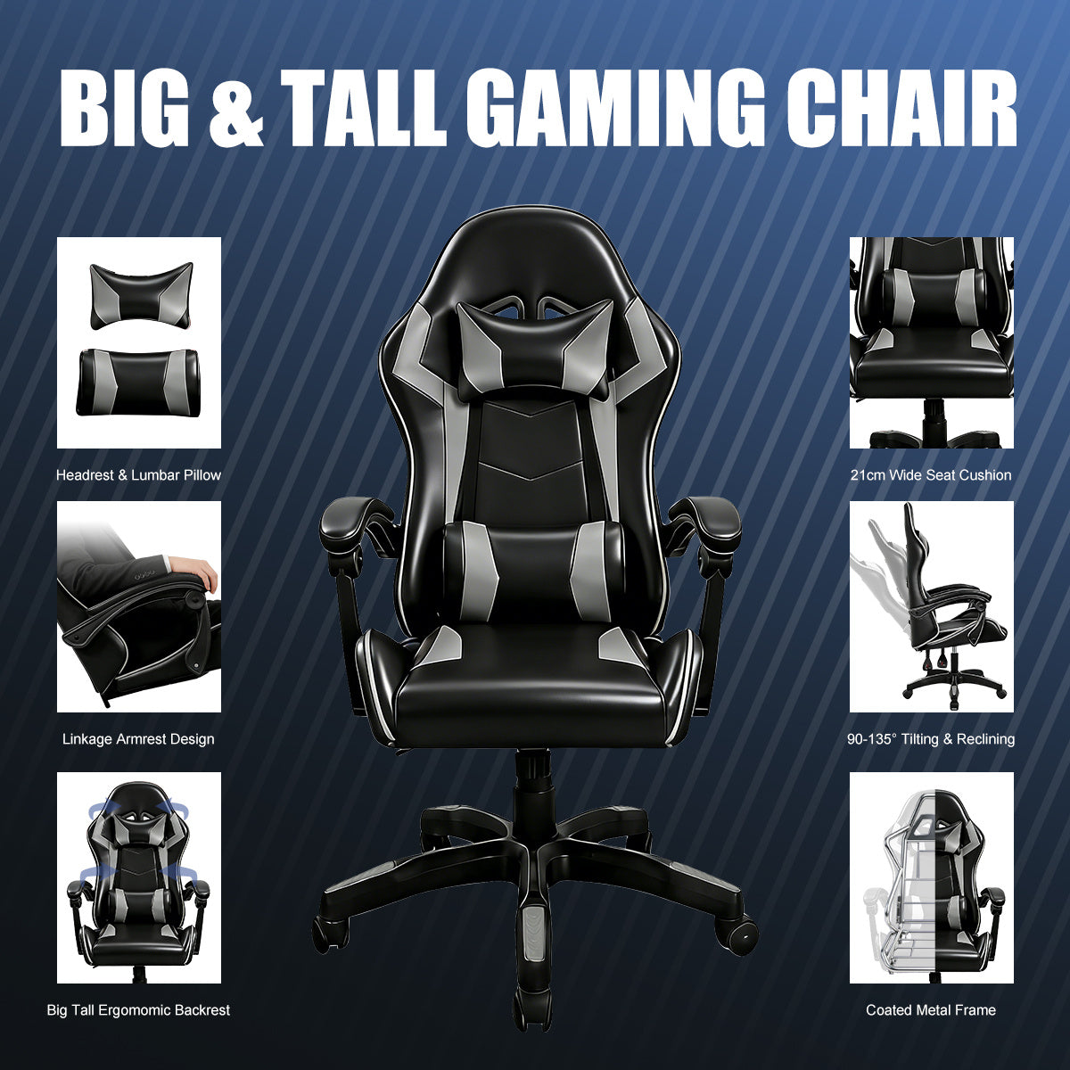 【Gaming Chair】 Ergonomic design Office Chair, height adjustable office chair, Lumbar Support+ headrest, 90° - 135° reclining gaming chair, white, red, gray