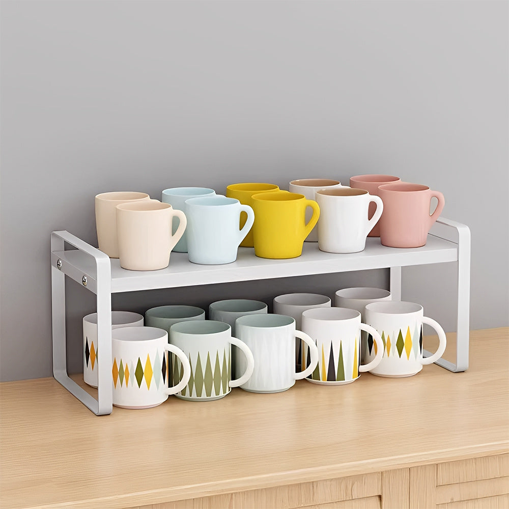 Multi-Tier Storage Rack, Mug Shelves for Desks, Black/White/Natural Wooden and Metal Countertop Organizer Shelf, Display Rack, Perfect for Dormitories Home Office Kitchen Bathroom