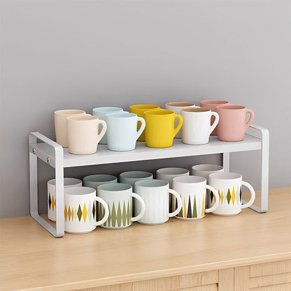 Multi-Tier Storage Rack, Mug Shelves for Desks, Black/White/Natural Wooden and Metal Countertop Organizer Shelf, Display Rack, Perfect for Dormitories Home Office Kitchen Bathroom
