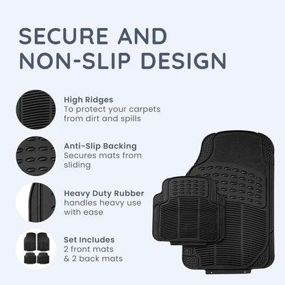 Universal Rubber Car Mats 4pcs Heavy Duty Non-Slip All Weather Waterproof Floor Mats for Cars SUVs Trucks & Vans – Trimmable Deep Groove Design