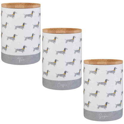 Set of 3 Ceramic Tea, Coffee & Sugar Canisters – Sausage Dog Design Storage Jars with Lids, Kitchen Pots