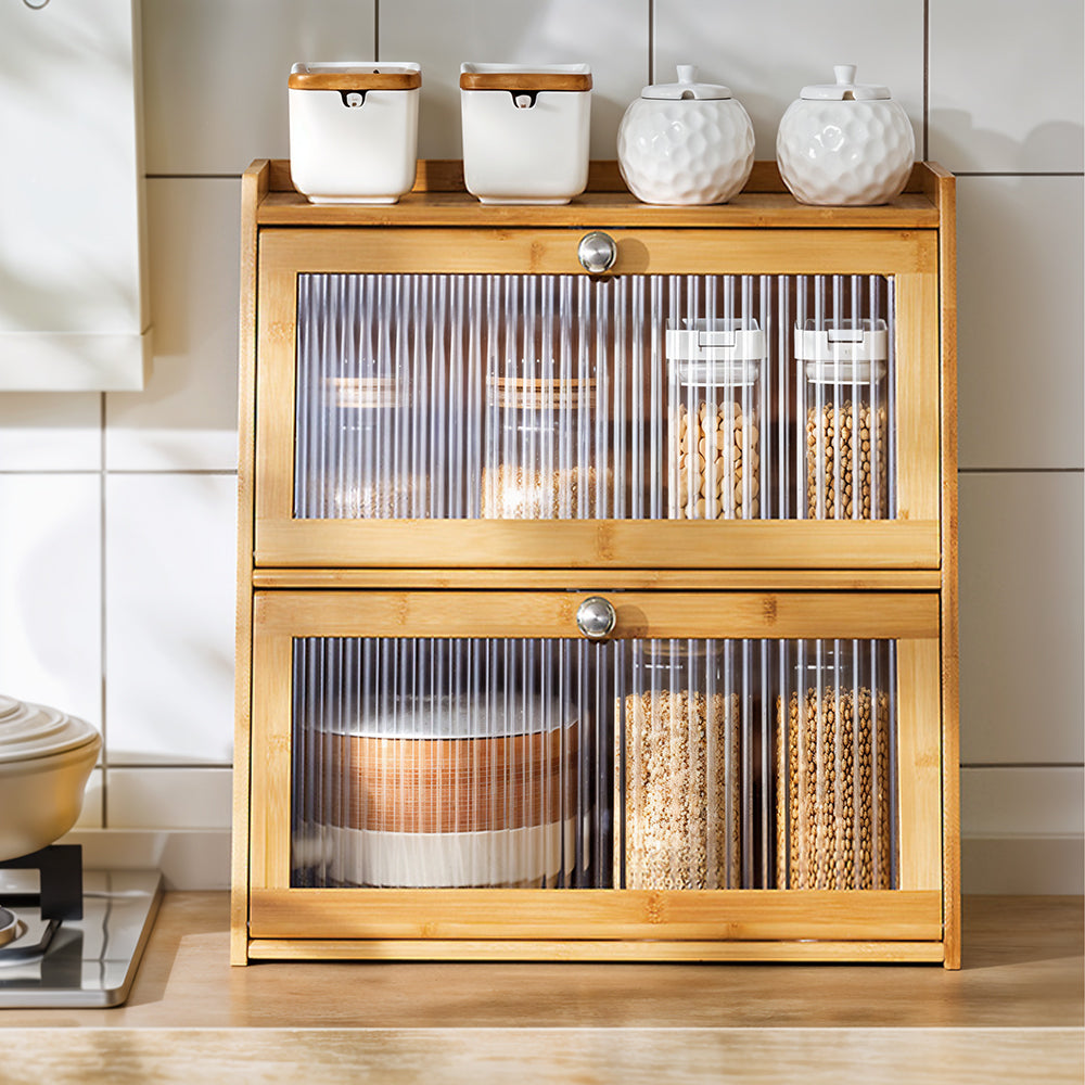 1pc 2-Tier/3-Tier Kitchen Spice Rack, Countertop Storage Shelf, Multi-Functional Organizer with Transparent Door, High Quality Bamboo Material, Natural/Brown