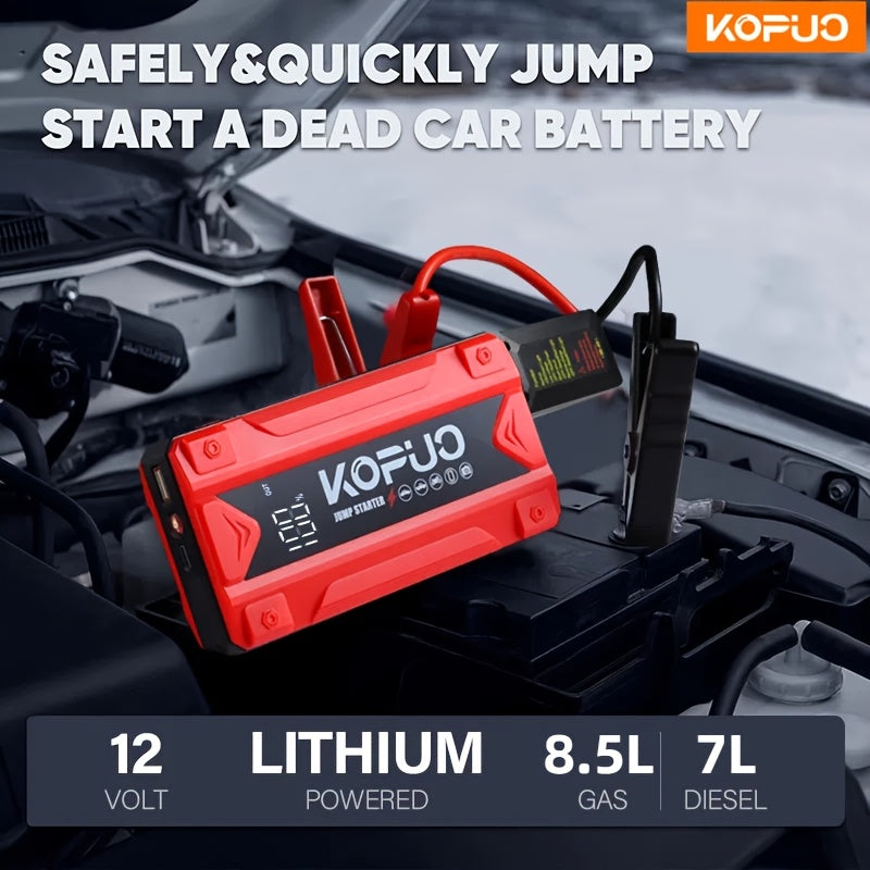 KOPUO Car Battery Jump Starter Portable 3000A: Supports 1.32gal Gas/1.06gal Diesel, with Safe Jumper Cables+Fast Charge+LED Light/SOS, Essential for Camping Trips/Long-Distance Road Trips/Vehicle Breakdowns