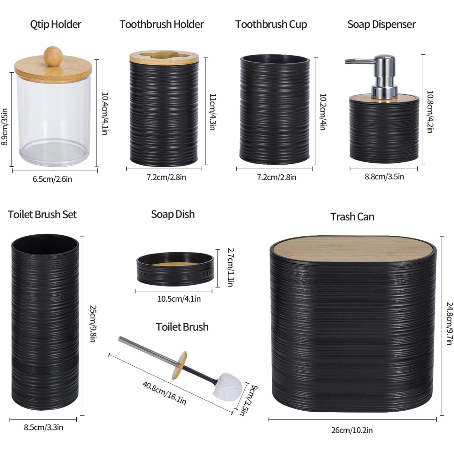 8-Piece Bamboo & Plastic Bathroom Accessories Set, Complete Bathroom Organiser with Toothbrush Holder, Soap Dispenser, Tumbler, Soap Dish, Qtip Holder, Toilet Brush & Waste Bin