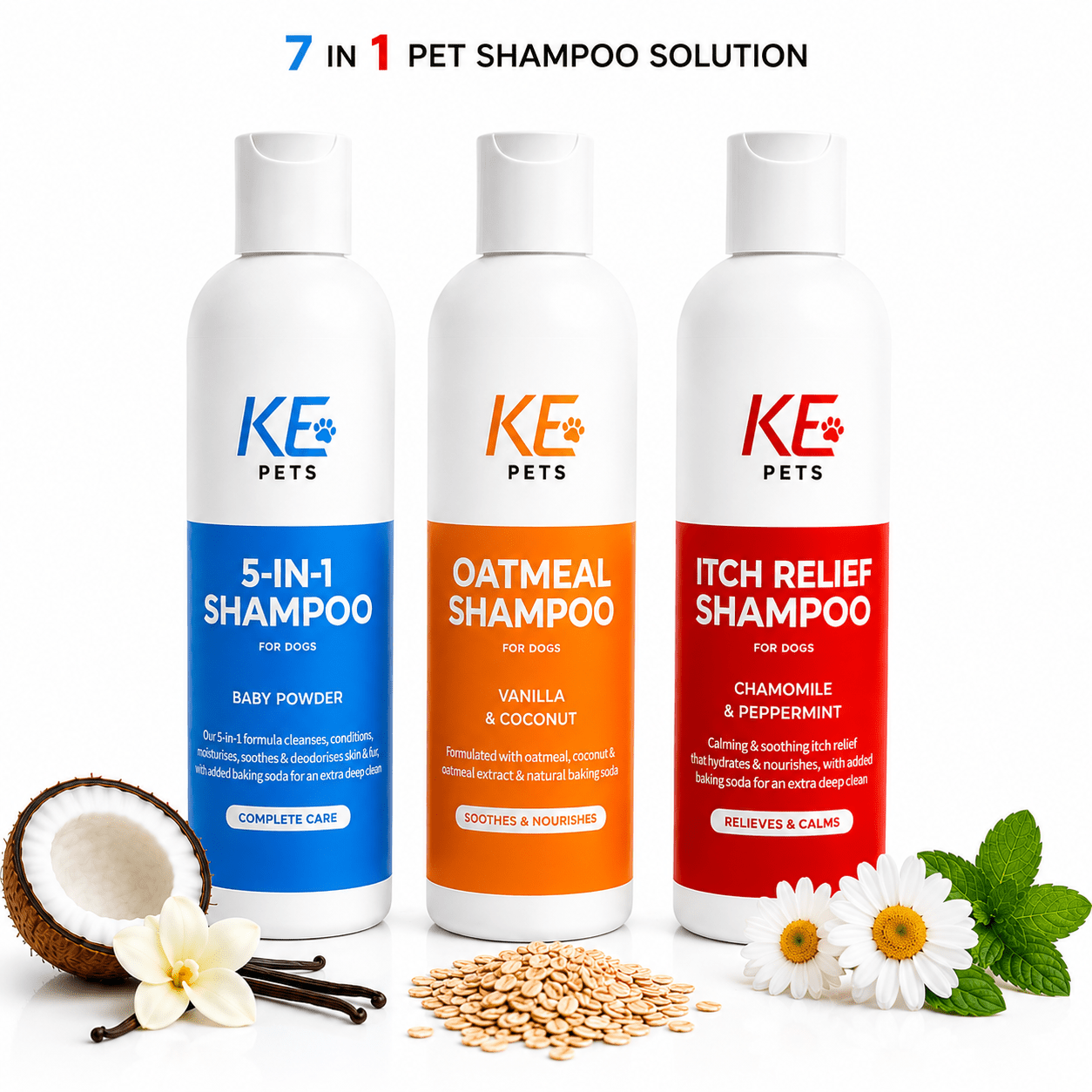 Pet Shampoo Set for Dogs and Cats 7-in-1 Formula for Deep Cleaning Moisturizing Soothing Deodorizing and Nourishing Grooming Three Pack